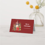 Red Christmas Lantern Poinsettia and Pine Small Place Card