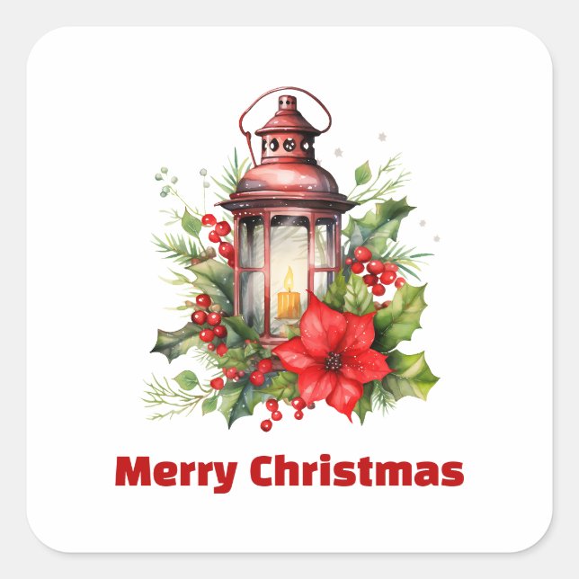 Red Christmas Lantern Poinsettia and Pine Square Sticker (Front)