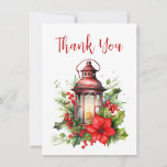 Red Christmas Lantern Poinsettia and Pine Thank You Card