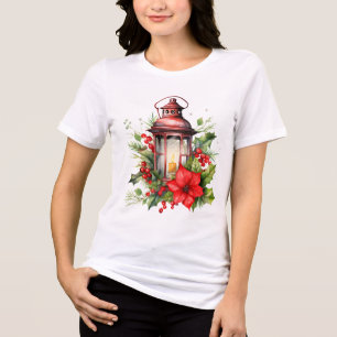 Red Christmas Lantern Poinsettia and Pine Tri-Blend Shirt