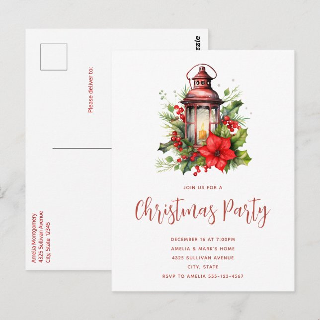 Red Christmas Lantern Poinsettia Party Invitation Postcard (Front/Back)