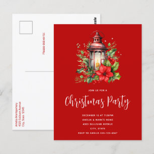 Red Christmas Lantern Poinsettia Party Invitation Postcard