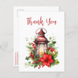 Red Christmas Lantern Poinsettia Thank You Postcard