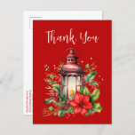 Red Christmas Lantern Poinsettia Thank You Postcard