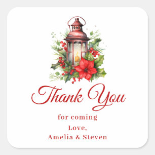 Red Christmas Lantern Poinsettia Thank You Square Sticker