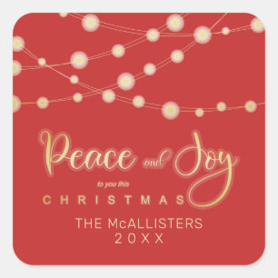 Red Christmas Light Peace & Joy Whimsical Script Square Sticker