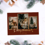 Red Christmas Lights 3 Photo Foil Holiday Card<br><div class="desc">With a simple design these gold foil cards are perfect for this Christmas! These cards read “merry Christmas” with a string light font on a deep red background. Add your own 3 photos and name using the personalization feature.</div>