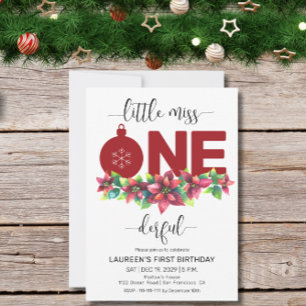 Red Christmas Little MIss 1st Birthday Invitation