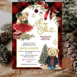 Red Christmas Luxury Bear Gender Reveal Invitation