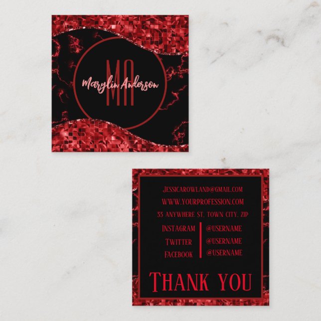 RED CHRISTMAS MARBLE AND SHIMMER CUSTOM MONOGRAM SQUARE BUSINESS CARD (Front/Back)