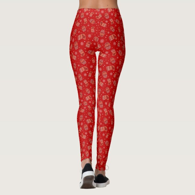 Red Christmas Mittens, Stockings & Snowflakes Long Leggings (Back)