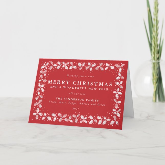 Red Christmas + New Year Holly Border Non Photo Holiday Card (Front)
