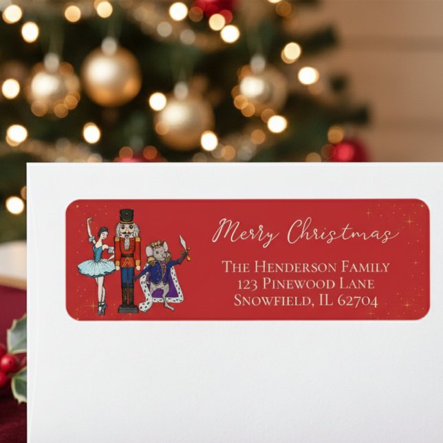 Red Christmas Nutcracker Ballet Return Address Label (Colorful Festive Merry Christmas Seasonal Nutcracker Ballet Return Address Labels in Elegant Red)