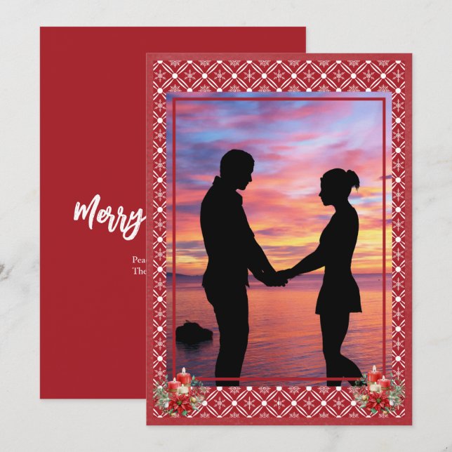 Red Christmas One Photo Snowflake Holiday Card (Front/Back)