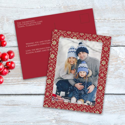 Red Christmas One Photo Snowflake Holiday Postcard