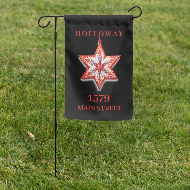 RED CHRISTMAS ORNAMENT Name and Address Garden Flag (In SItu)