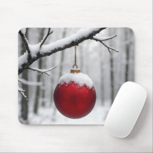 Red Christmas Ornament On Snowy Branch Mouse Pad