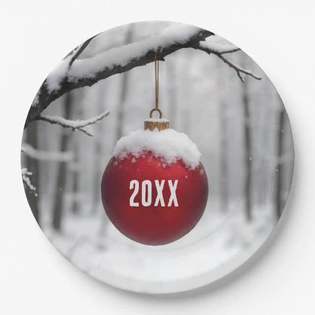 Red Christmas Ornament On Snowy Branch Paper Plates (Front)
