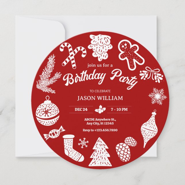 Red christmas ornaments birthday invitation (Front)