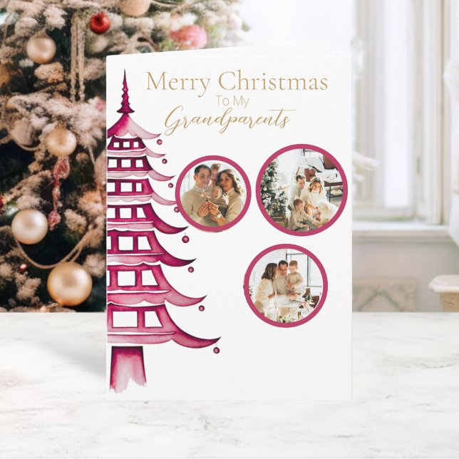 Red Christmas Pagoda Tree Grandparent 3-Photo  Card (Red Christmas Pagoda Tree Grandparent 3-Photo Card)