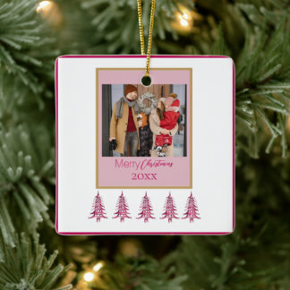 red Christmas Pagoda Trees 1-Photo Frame Ceramic Ornament
