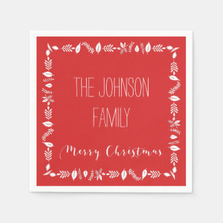 Red Christmas Paper Napkins White Leaves Decor