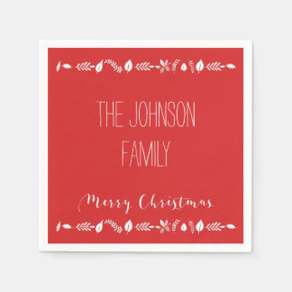Red Christmas Paper Napkins With White Leaves