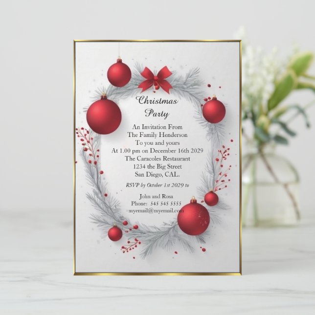 Red Christmas party baubles Elegant Invitation (Standing Front)