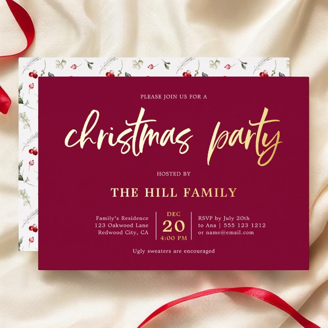 Red Christmas Party Calligraphy Elegant Foil Invitation (Creator Uploaded)