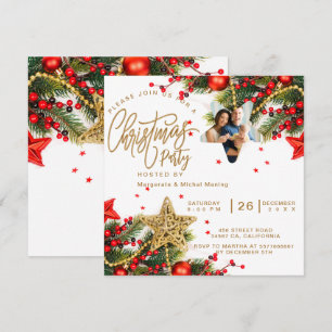 Red CHRISTMAS PARTY gold Snowflakes Tree Sparkle Invitation