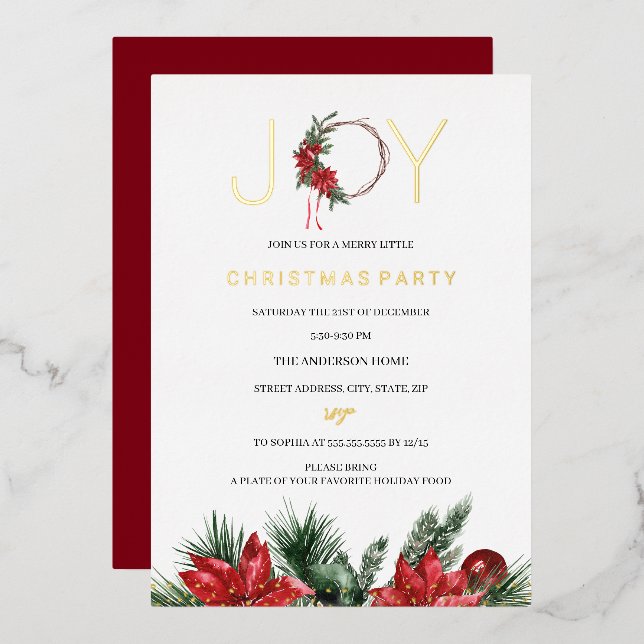 Red Christmas Party Joy Foliage Wreath Foil Invitation (Front/Back)