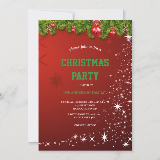 Red CHRISTMAS PARTY red Ornaments and Snowflakes  Invitation (Front)