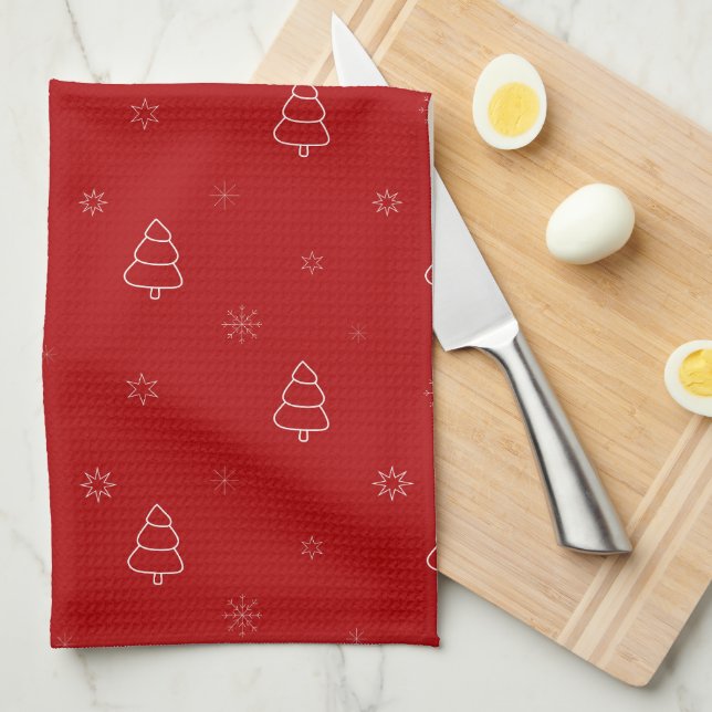 Red Christmas Pattern.Festive Trees and Snowflakes Kitchen Towel (Quarter Fold)