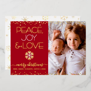 Red Christmas Peace Joy Love Photo Real Gold Foil Holiday Card