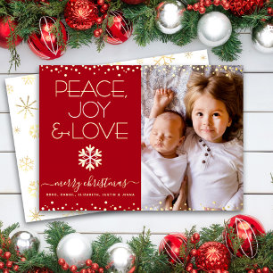 Red Christmas Peace Joy Love Photo Real Gold Foil Holiday Card