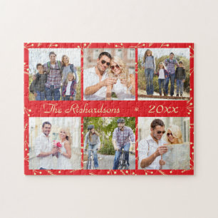 Red Christmas Personalized 6 Photo Collage Jigsaw Puzzle