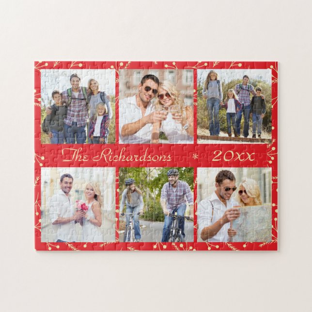 Red Christmas Personalized 6 Photo Collage Jigsaw Puzzle (Horizontal)