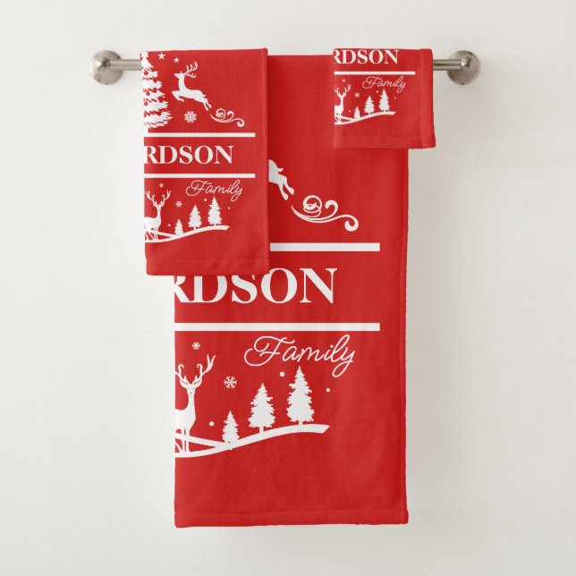 Red Christmas Personalized Family Name | Holiday Bath Towel Set (Insitu)