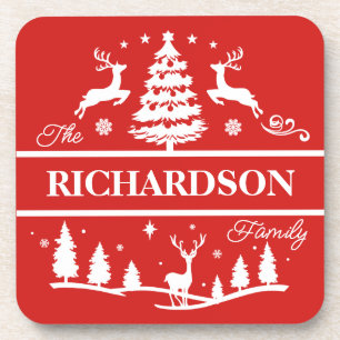 Red Christmas Personalized Family Name Holiday Beverage Coaster