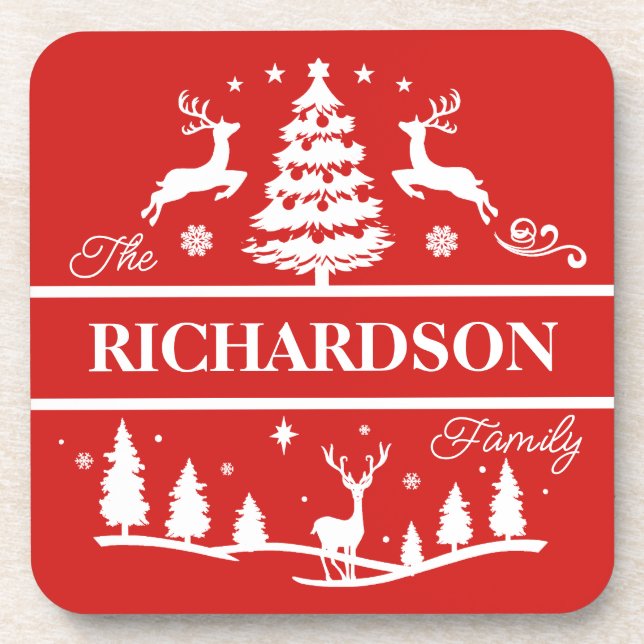 Red Christmas Personalized Family Name | Holiday Beverage Coaster (Front)