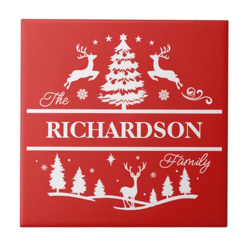 Red Christmas Personalized Family Name  Holiday Ceramic Tile