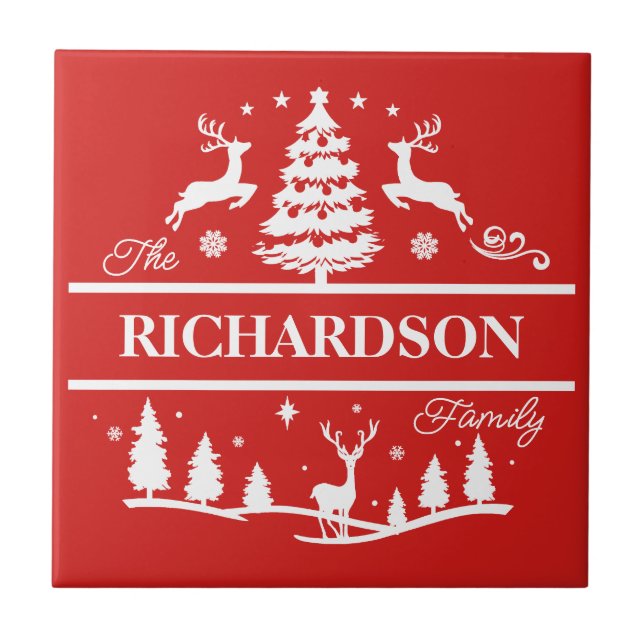 Red Christmas Personalized Family Name | Holiday Ceramic Tile (Front)