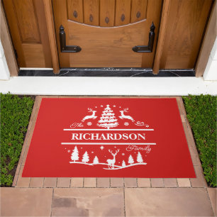 Red Christmas Personalized Family Name Holiday Doormat