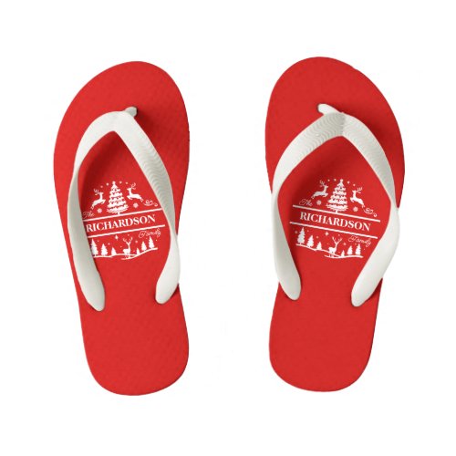 Red Christmas Personalized Family Name  Holiday Kids Flip Flops