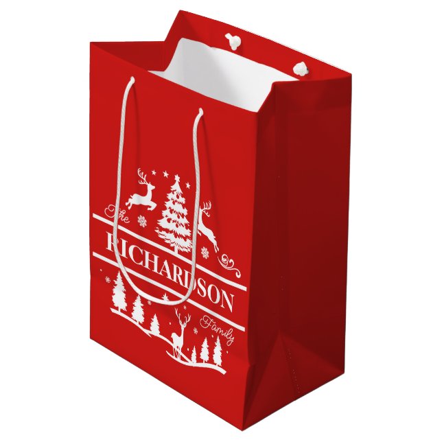 Red Christmas Personalized Family Name | Holiday Medium Gift Bag (Front Angled)