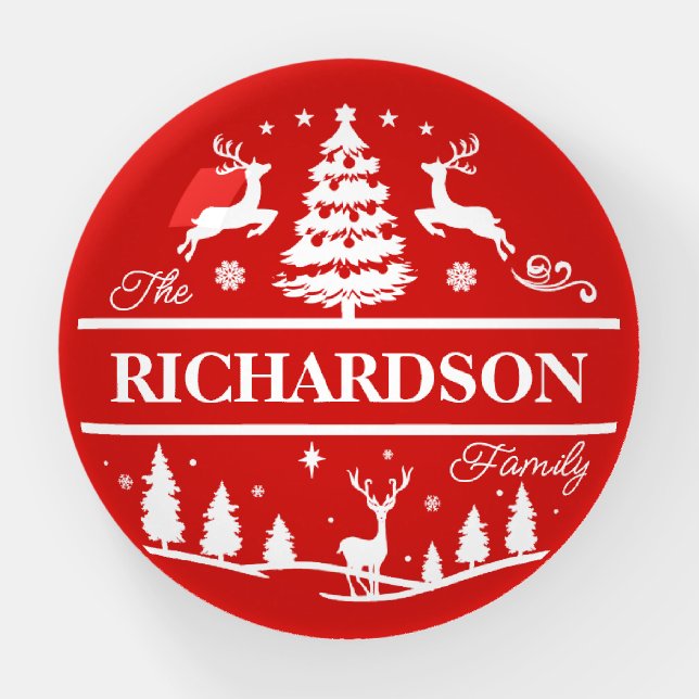 Red Christmas Personalized Family Name | Holiday Paperweight (Front)