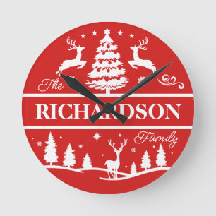Red Christmas Personalized Family Name Holiday Round Clock