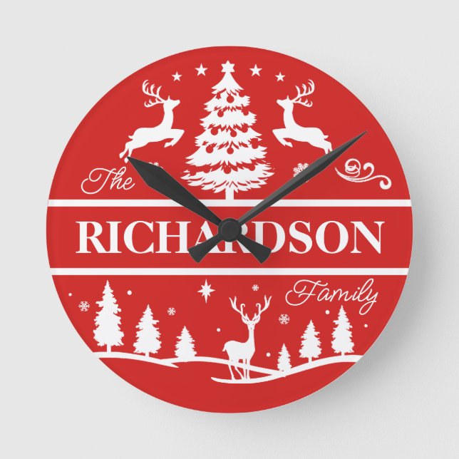 Red Christmas Personalized Family Name | Holiday Round Clock (Front)