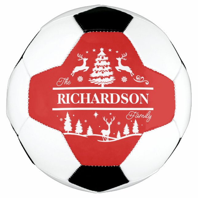 Red Christmas Personalized Family Name | Holiday Soccer Ball (Front)