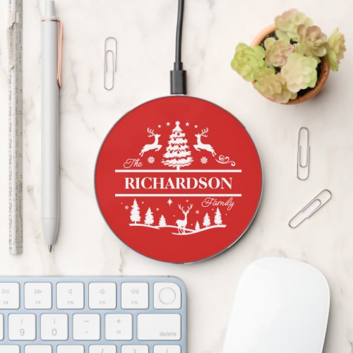 Red Christmas Personalized Family Name  Holiday Wireless Charger